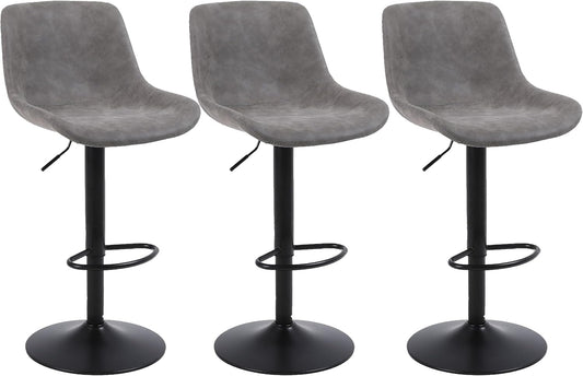Bar Stools, Swivel Counter Height Barstools with Back, Adjustable Modern Bar Chairs, Tall Armless PU Leather Kitchen Island Stool (Grey, Set of 3)