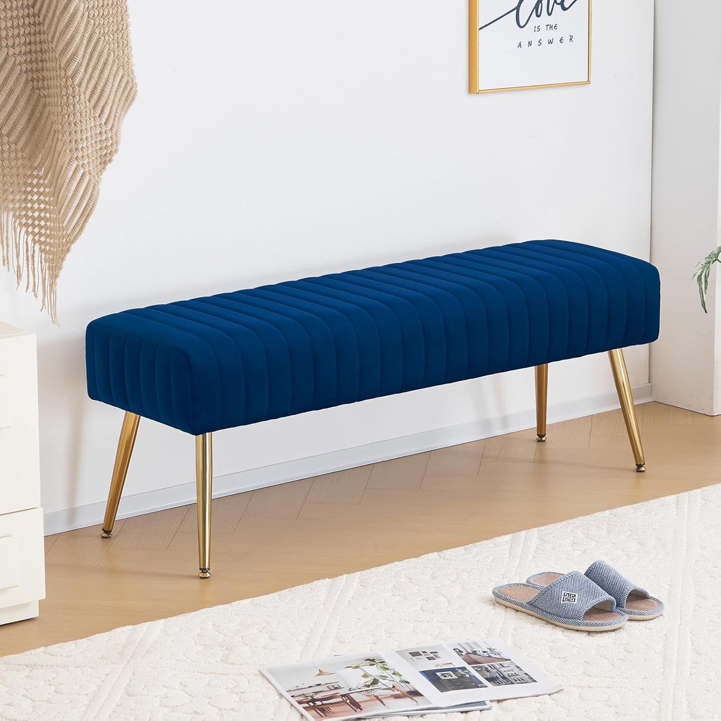 Furniliving Bedroom Bench Velvet Ottoman Bench with Skin-Friendly Velvet, 44.8’’ Upholstered End of Bed Bench, Soft Indoor Benches with Golden Finished Tapered Legs for Living Room, Entryway, Blue