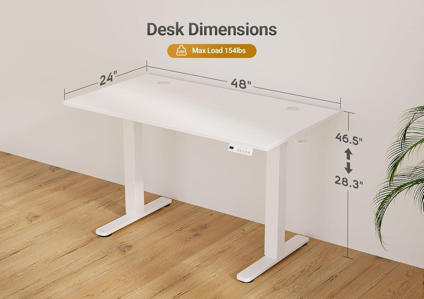 Seang Electric Standing Desk Adjustable Height, 48 x 24 Inch Sit Stand Desk with T-Shaped Frame, 3 Memory Presets & Cable Management for Home Office Computer Workstation, White Frame/White Top