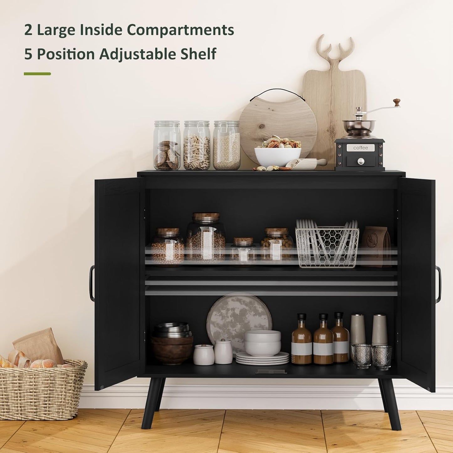 Black Buffet Sideboard Cabinet, Storage Cabinet with Handmade PVC Rattan Decor Doors, Wooden Coffee Station with Adjustable Shelf for Kitchen, Living Room, Entryway