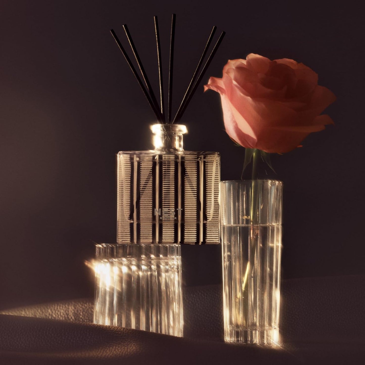 NEST New York Reed Diffuser, Rose Noir & Oud - 5.9 fl oz - Fragrance for Up to 90 Days - Reusable, Refillable Glass Holder - Includes 8 All-Natural Reed Sticks - Flame Free