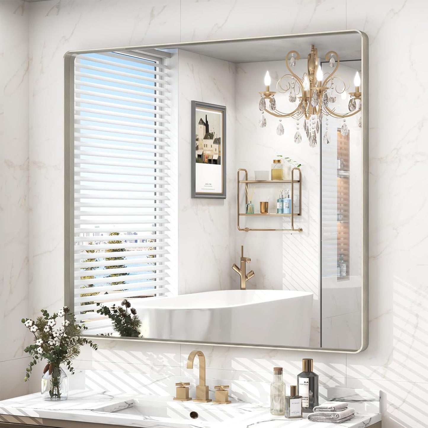 40x36 Inch Brushed Nickel Bathroom Mirror, Brushed Silver Metal Framed Wall Mirror, Rounded Corner Rectangle Modern Vanity Mirror, Tempered Glass, Anti-Rust, Shatterproof (Horizontal/Vertical)