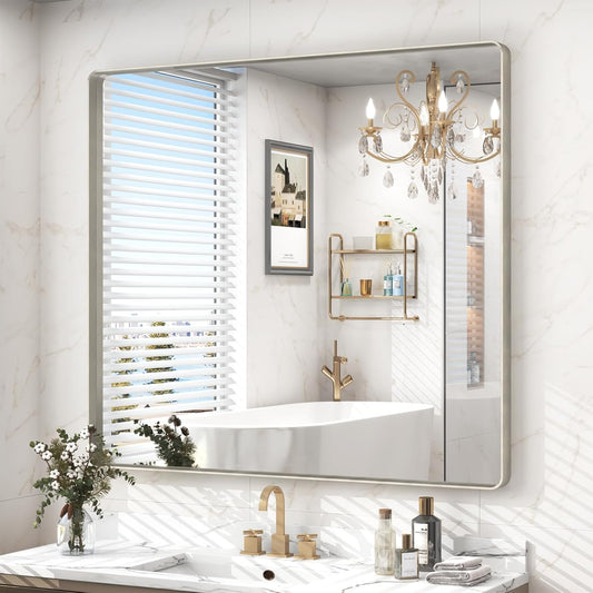 40x36 Inch Brushed Nickel Bathroom Mirror, Brushed Silver Metal Framed Wall Mirror, Rounded Corner Rectangle Modern Vanity Mirror, Tempered Glass, Anti-Rust, Shatterproof (Horizontal/Vertical)