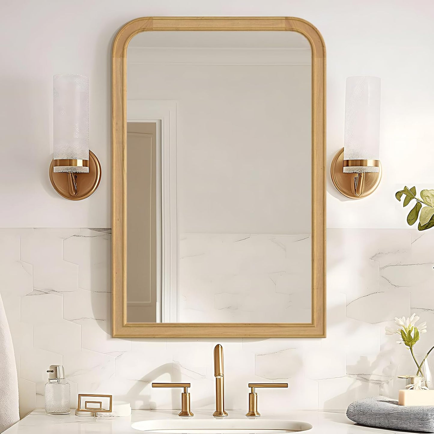 WallBeyond Wood Bathroom Mirror 20" x 30" Wooden Arched Wall Mirror Farmhouse Style Bathroom Vanity Mirror for Home Decor Rectangle Mirror (Natural)