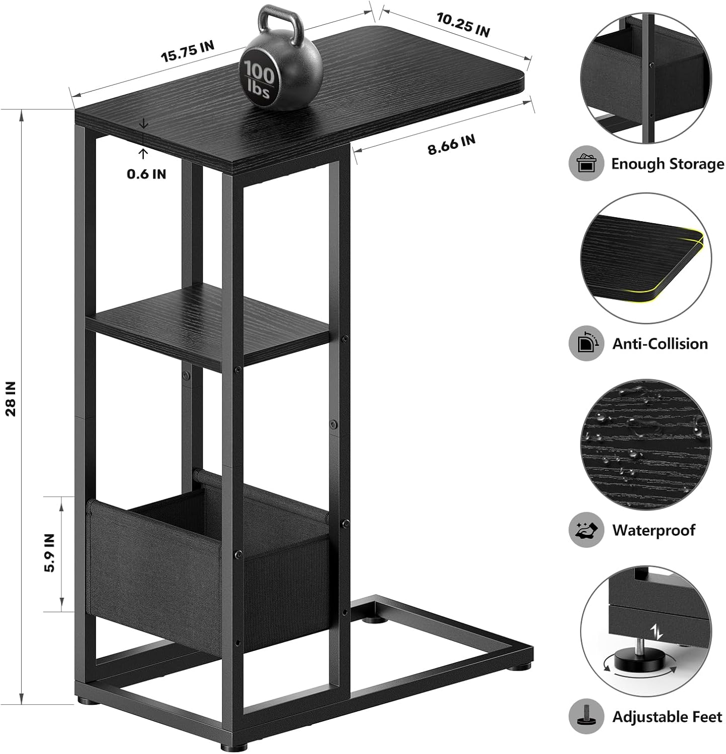 C Shaped End Table, Small Side Table for Couch, Recliner, Slide Under Sofa Tray Desk Snack Tables with Storage Bag for Living Room,Bedroom, Small Spaces - Black