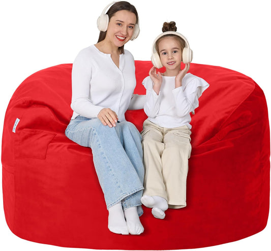 4FT Bean Bag Chair with Ultra Soft Velvet Cover Bean Bag Sofa with Memory Foam Bean Bag Chairs with Large Size Lazy Sofa for Dorm Office Living Room Bedroom Red 4'