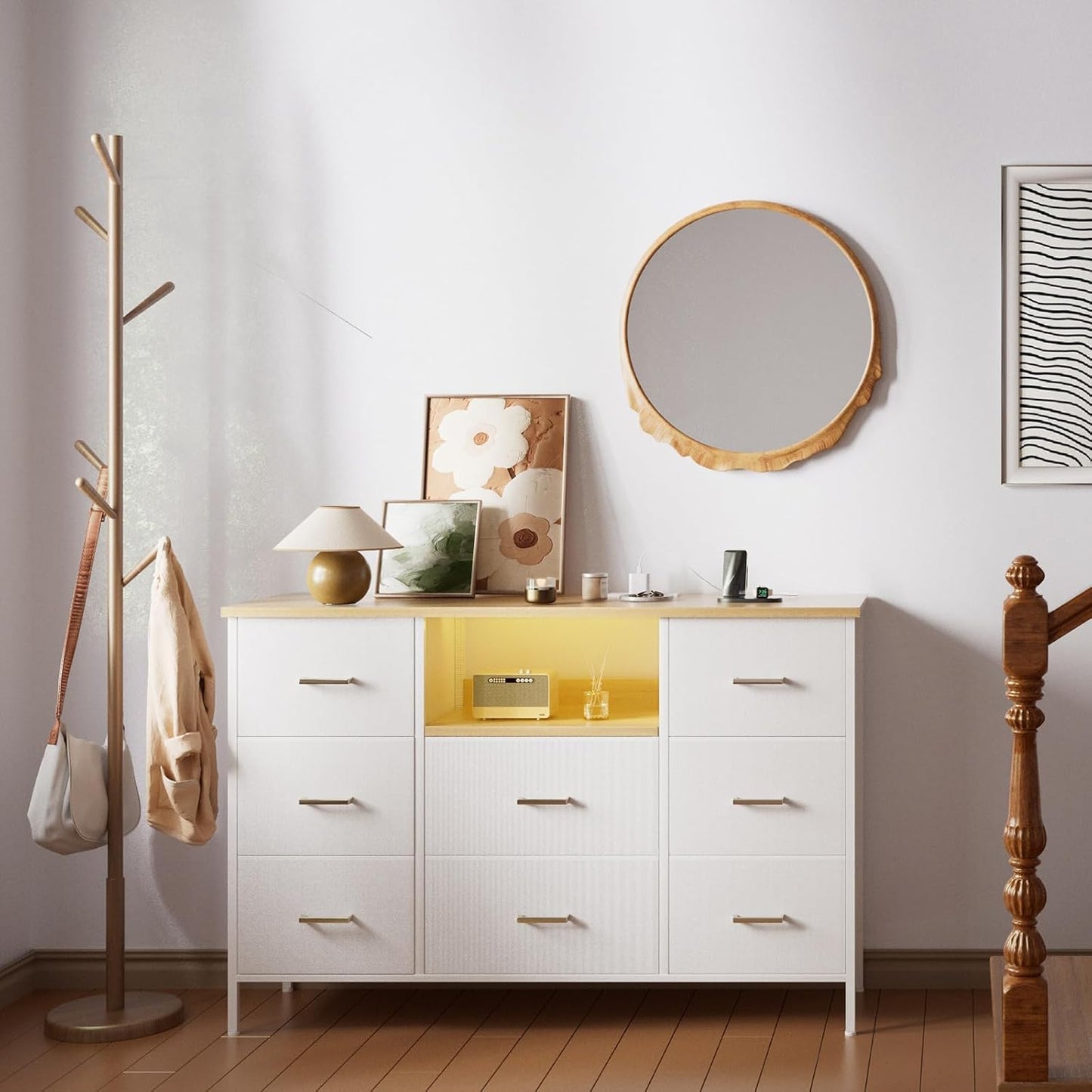 White Dresser with LED Lights and Power Outlets, Dresser TV Stand with 8 Drawers for 55" TV, Fabric Chest of Drawers for Bedroom, Living Room, Entryway