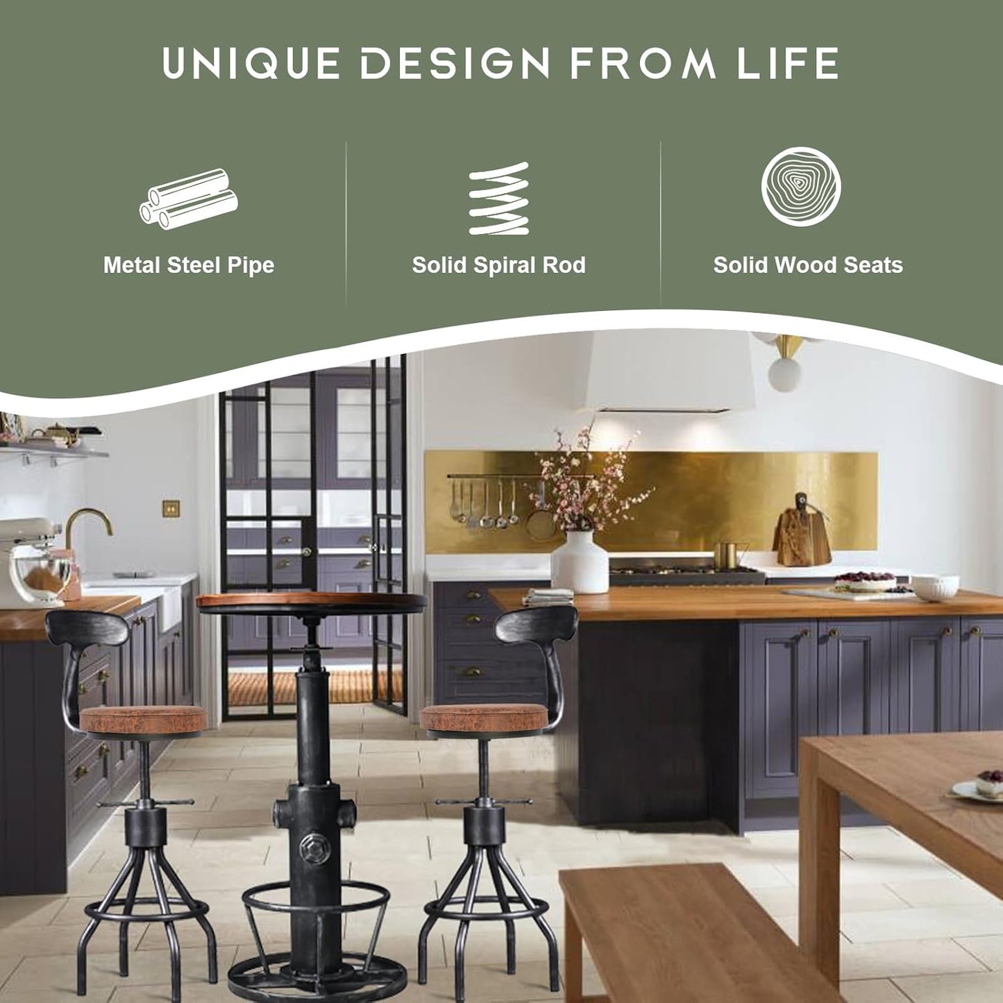 LOKKHAN Set of 2 Industrial Leather Bar Stools-Adjustable Swivel Metal Bar Stool-24-30 Tall Seat Height Counter Height to Bar Height-Kitchen Stool Dining Chair,Cafe Stools with with Backrest