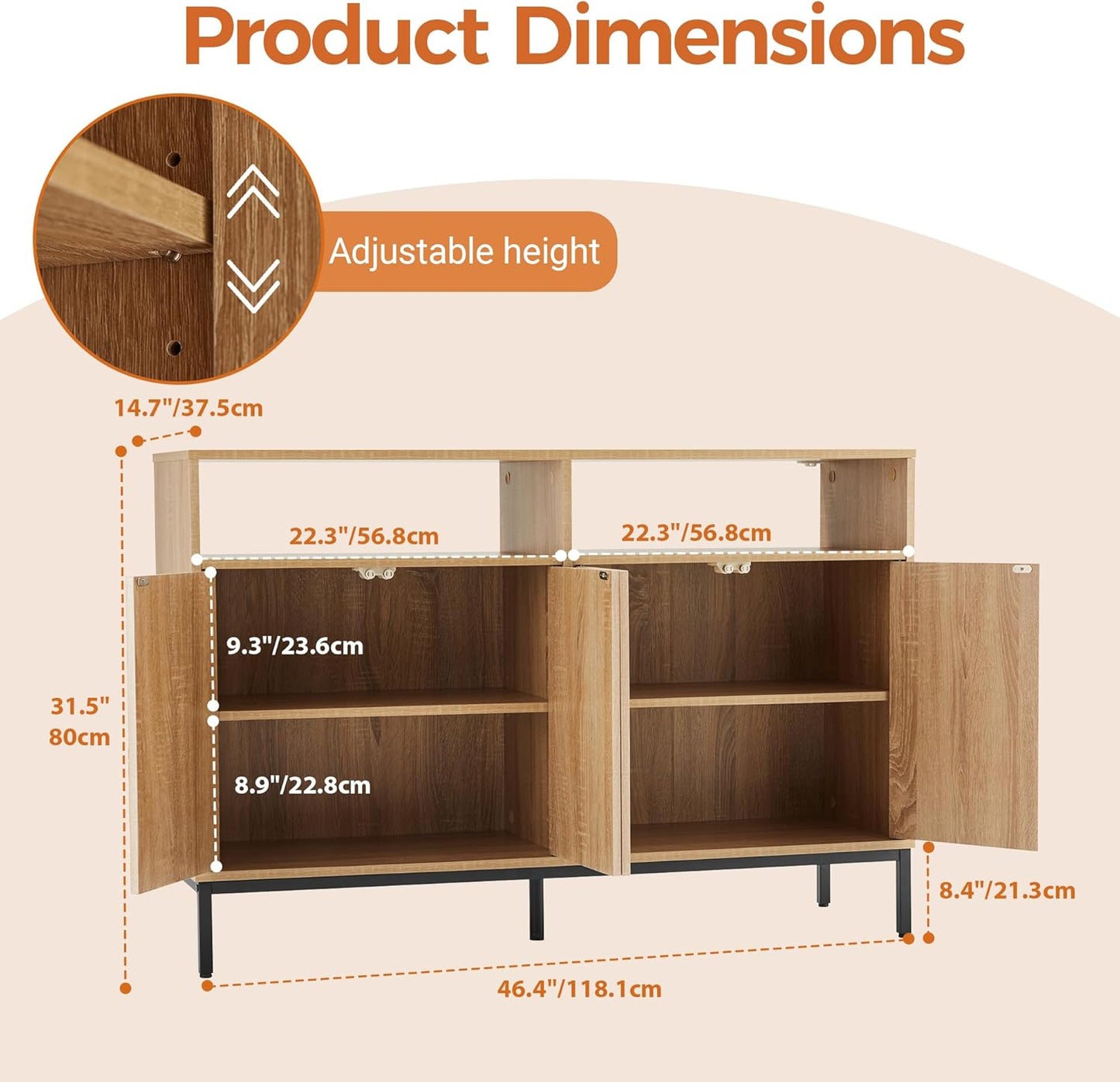 Farmhouse Buffet Sideboard Cabinet with Storage, Fluted Natural Coffee Bar Station Table with Doors and Adjustable Shelves, Modern Wood Cupboard for Kitchen