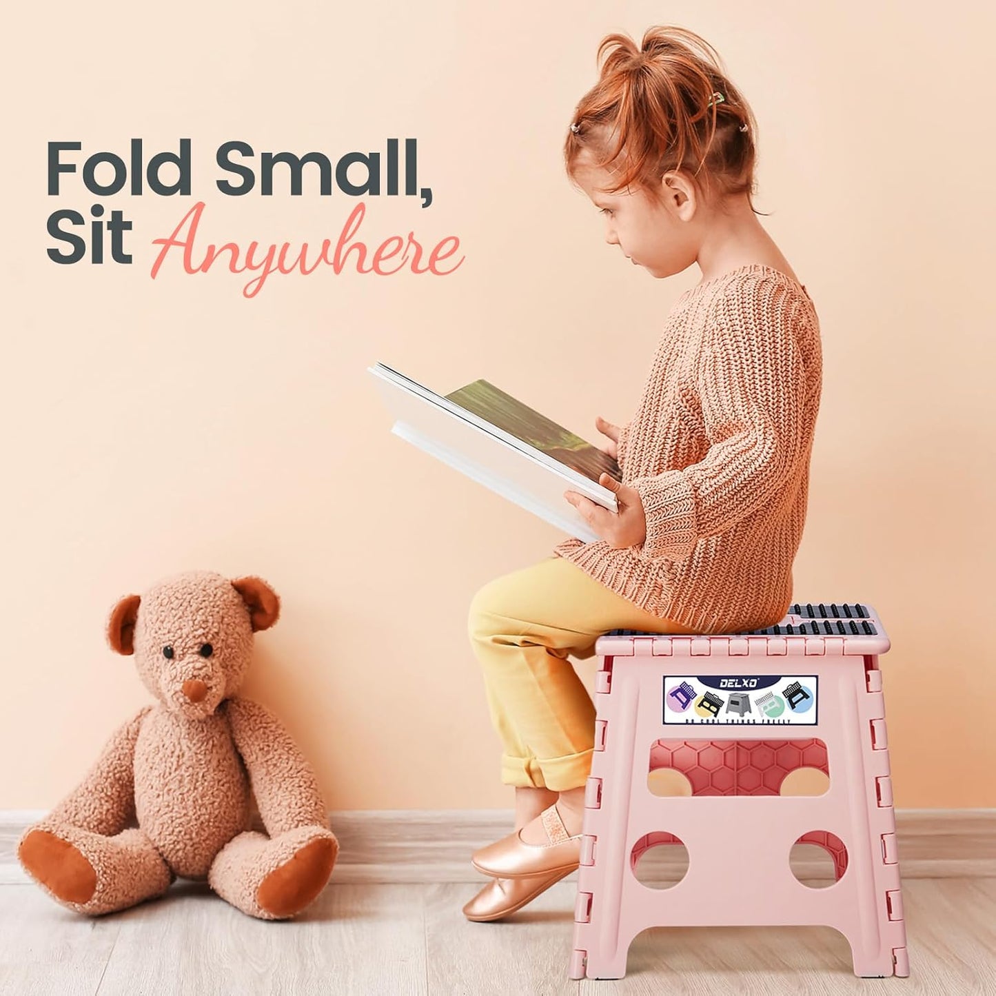 Delxo Folding Step Stool 13 Inch,Non-Slip Foldable Stools for Up to 300 LBS,Kitchen Collapsible Fold Up Stepping Stool with Dotted 1 Pack,Pink