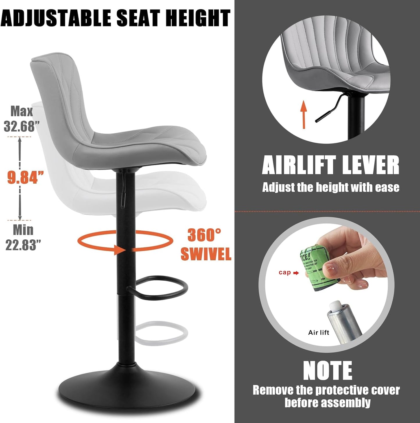 YOUNIKE Single Grey Bar Stools Modern Swivel Counter Height Bar Chair with Back Adjustable Kitchen Island Faux Leather Padded Barstools taburetes de bar Breakfast sillas para barra de cocina 1PCS