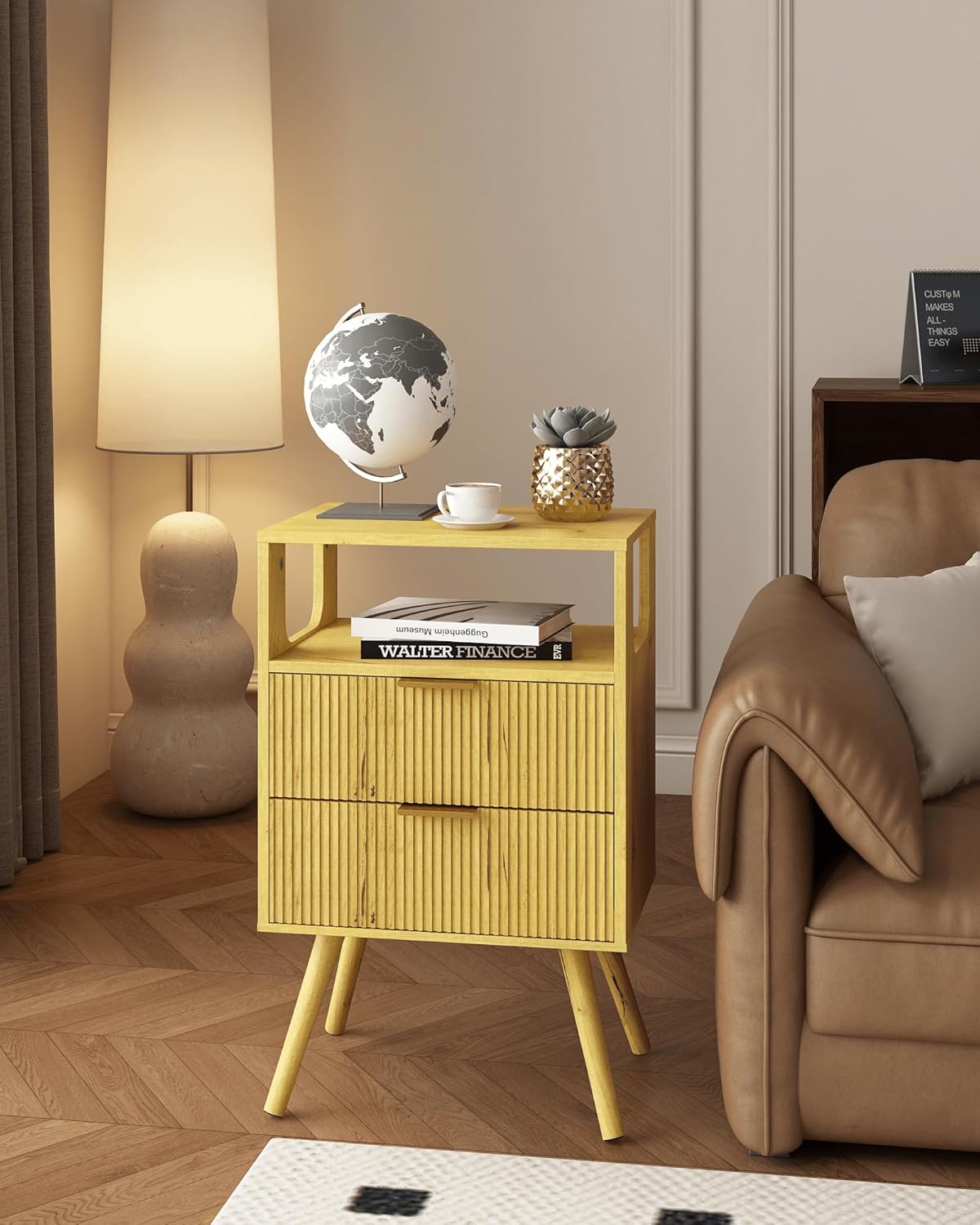 Nightstand,Modern Bedside Table with 2 Storage Drawer and Open Wood Shelf, for Bedroom and Small Spaces,Night Stand with Solid Wood Legs, Yellow Oak