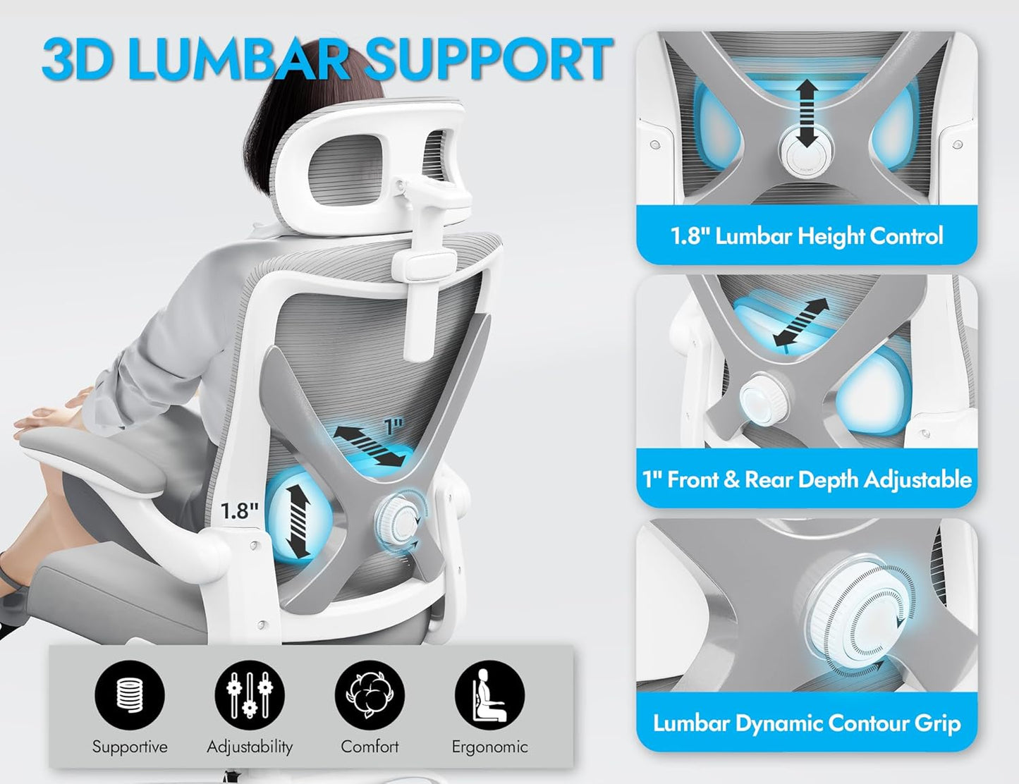 Ergonomic Office Chair - Computer Desk Chairs Comfy, Mesh High-Back Gaming Chair with Adjustable Lumbar Support, Executive Task Chair for Adults, Comfortable for Long Hours (Grey Silver)