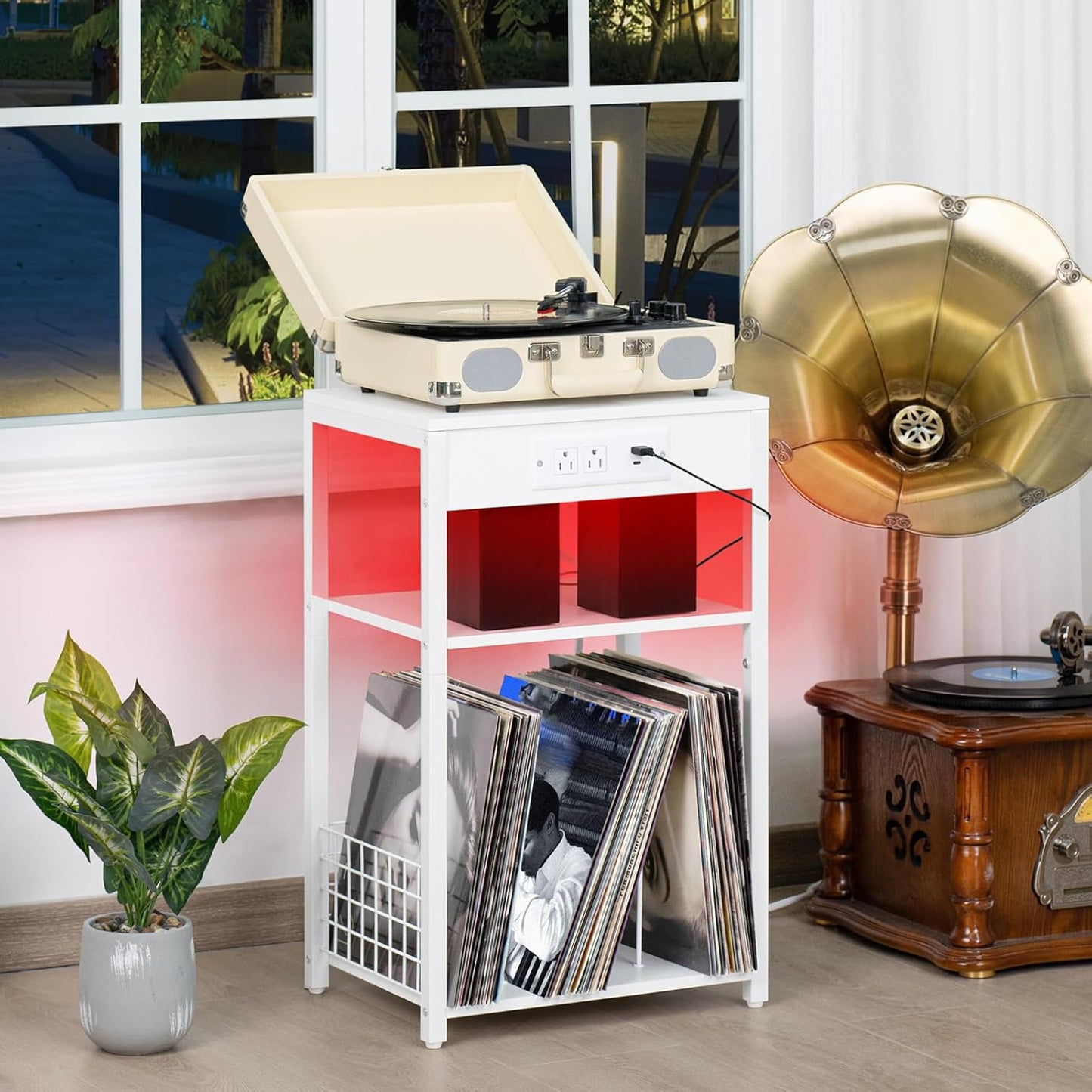 LELELINKY White Night Stand with Charging Station and LED Lights, Record Player Stand with USB Port and Type-C Port, 3 Tier Side Table with Vinyl Storage Shelf, End Tables for Bedroom Small Spaces