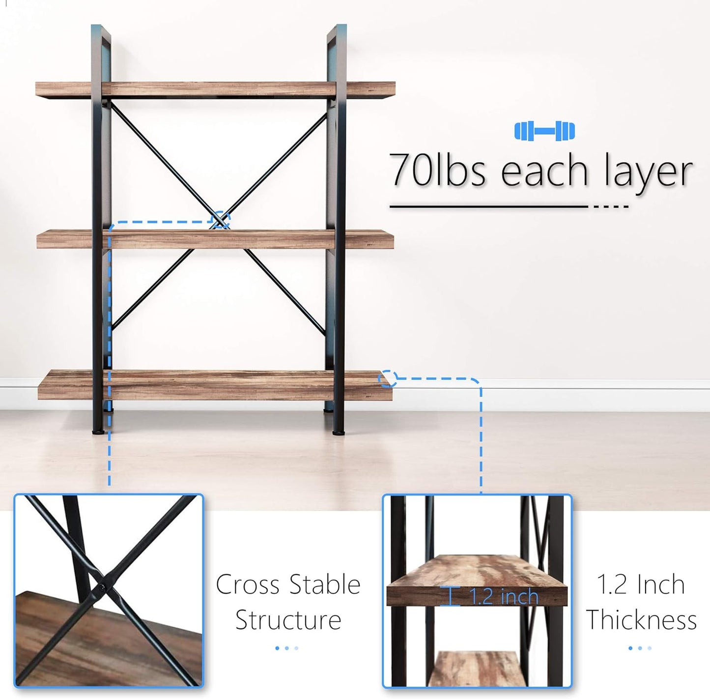 45MinST 3-Tier Vintage Industrial Style Bookcase/Metal and Wood Bookshelf Furniture for Collection,Vintage Brown, 3/4/5 Tier (3-Tier)