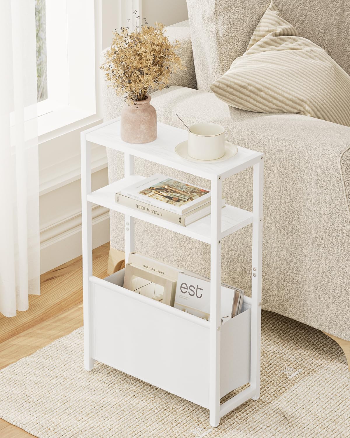 Narrow Side Table, 3-Tier Side Table with Storage Bag, Narrow Nightstand for Small Spaces, Bedside Table for Living Room, Bedroom, White
