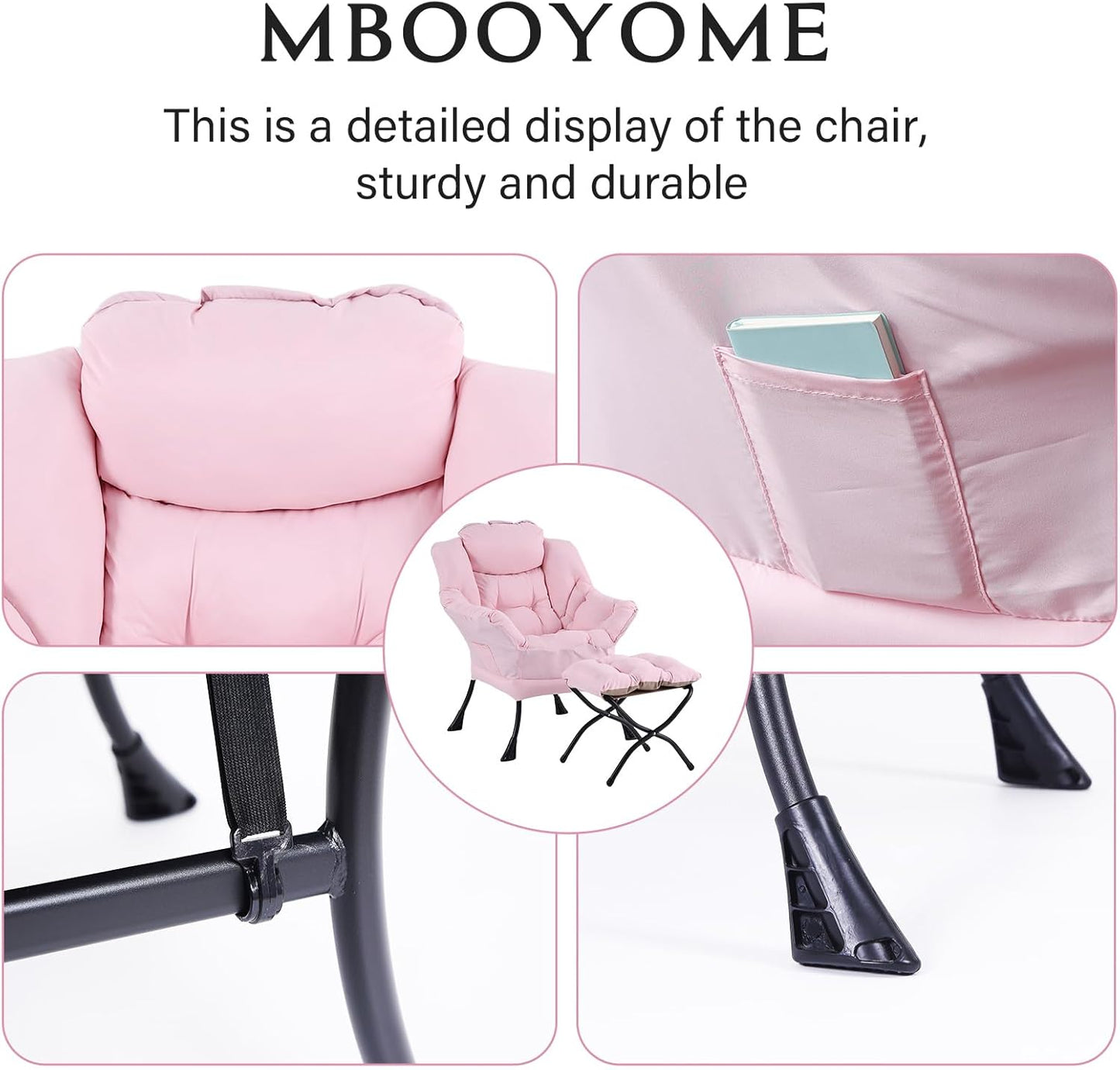 Lazy Chair with Folding Ottoman, Modern Accent Lounge Armchair with Armrests and a Side Pocket & Foldable Footstool, Leisure Reading Chair for Living Room, Bedroom, Dorm & Office, Pink