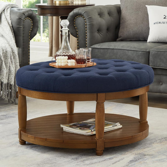 24KF Upholstered Round Coffee Table with Wooden Shelf, Tufted Button Large Round Ottoman with Spindle Wooden Legs, Linen Large Footrest Ottoman Pouf for Living Room, Navy Blue