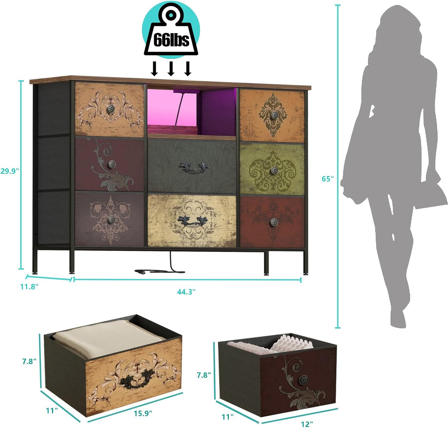 Pattern Dresser with LED Lights and Power Outlets, Dresser TV Stand with 8 Drawers for 55" TV, Fabric Chest of Drawers for Bedroom, Living Room, Entryway