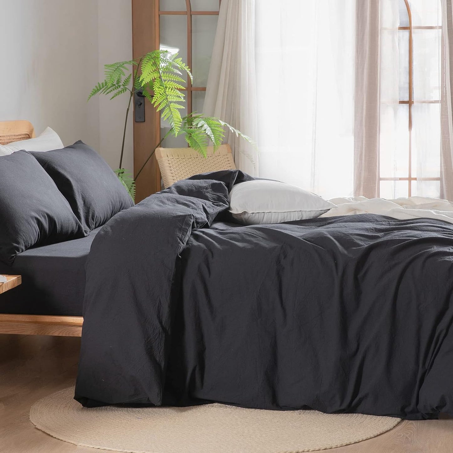 BESTOUCH Duvet Cover Set 100% Washed Cotton Linen Feel Super Soft Comfortable Chic Lightweight 3 PCs Home Bedding Set Solid Deep Black Full/Double