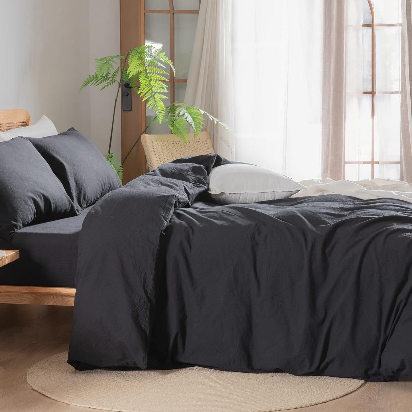 BESTOUCH Duvet Cover Set 100% Washed Cotton Linen Feel Super Soft Comfortable Chic Lightweight 3 PCs Home Bedding Set Solid Deep Black Oversized Queen