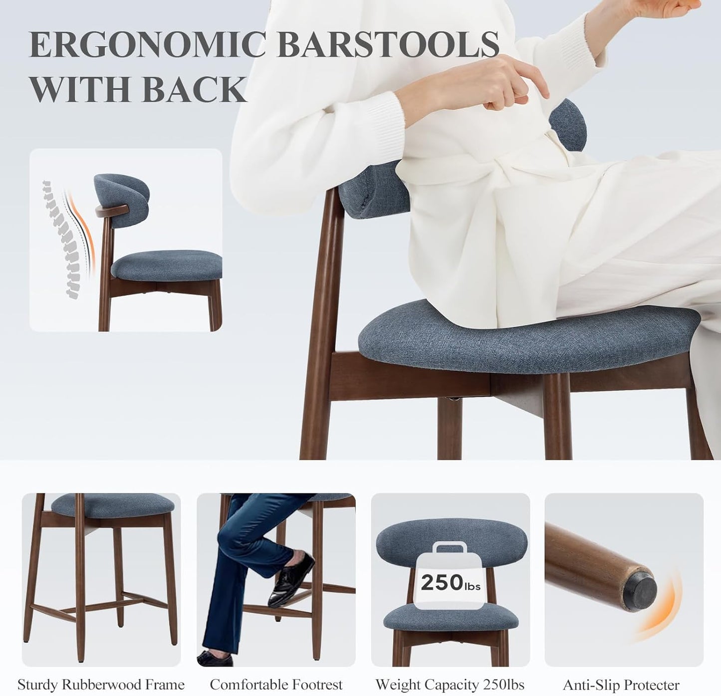 Upholstered Counter Height Bar Stools Set of 2, Modern Kitchen Island Barstools Chairs with Back and Wood Legs for Dining Room Bar, Blue