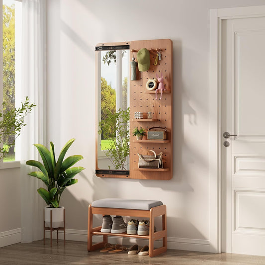 KungFuWood Full Length Mirror with Shelf and Hooks,Entry Way Mirrors for Wall,Wall Mirror with Shelf,Wall Mirror with Storage Multifunctional Design Panel,Living Room