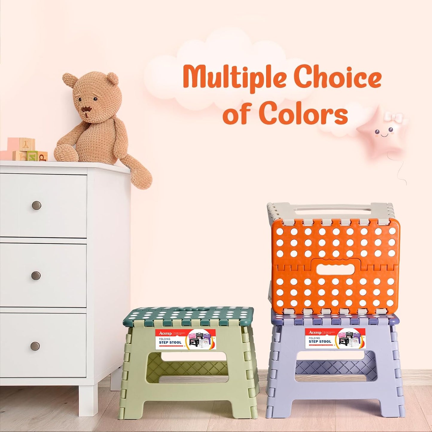 ACSTEP 9 Inch Folding Step Stool 300 LB Capacity Plastic Foldable Step Stools for Kids and Adults, Folding Stool Suitable for Kitchen, Stepping Stool with Handle Bicolor Orange Small Step Stool 1PC