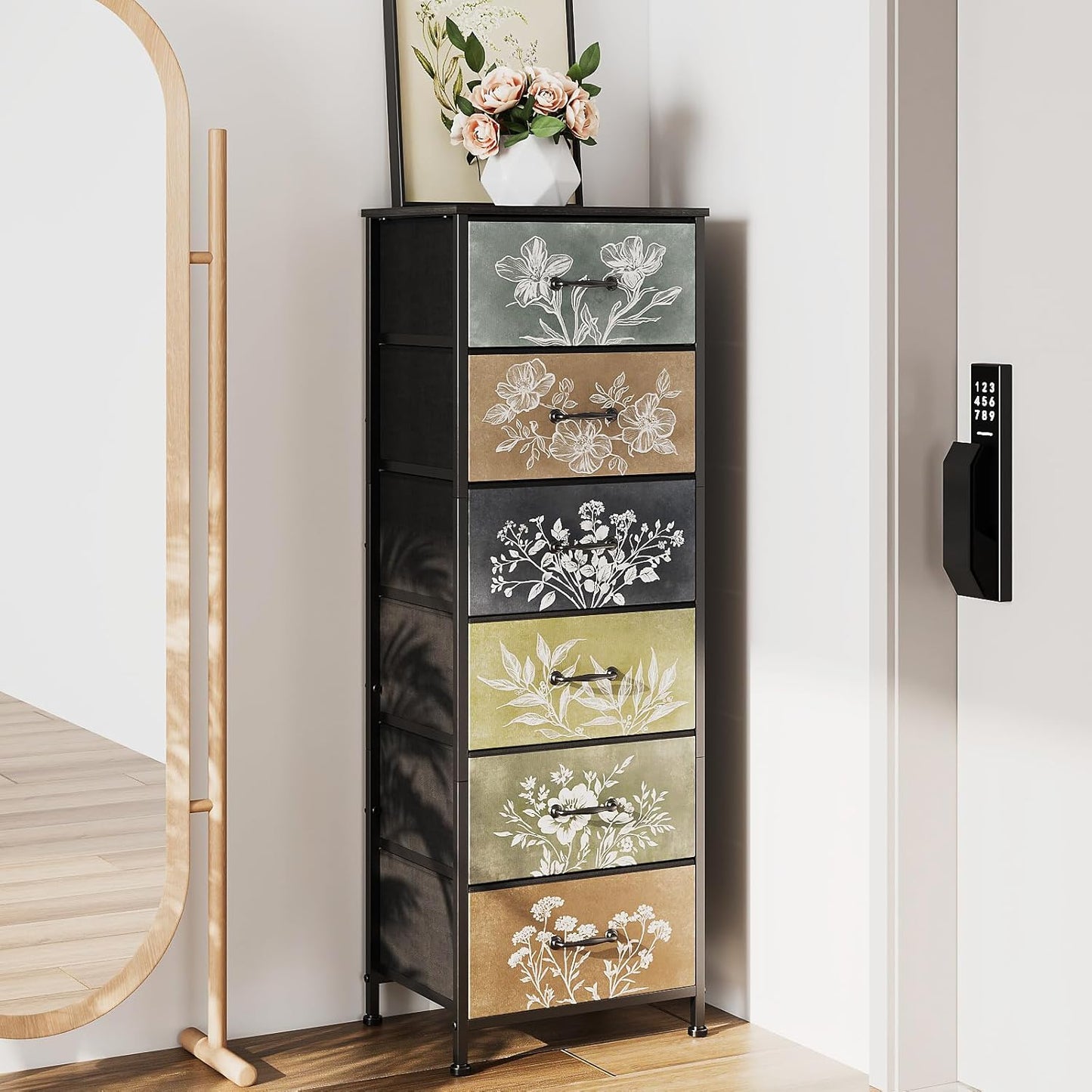 Tohomeor Vintage Dresser Vertical Nightstand with Neutral Botanical Plant Fabric Chest Drawers for Closet Bathroom Storage Tower Unit Bed Side Organizer Farmhouse Rustic (Multi, 6 Drawers)