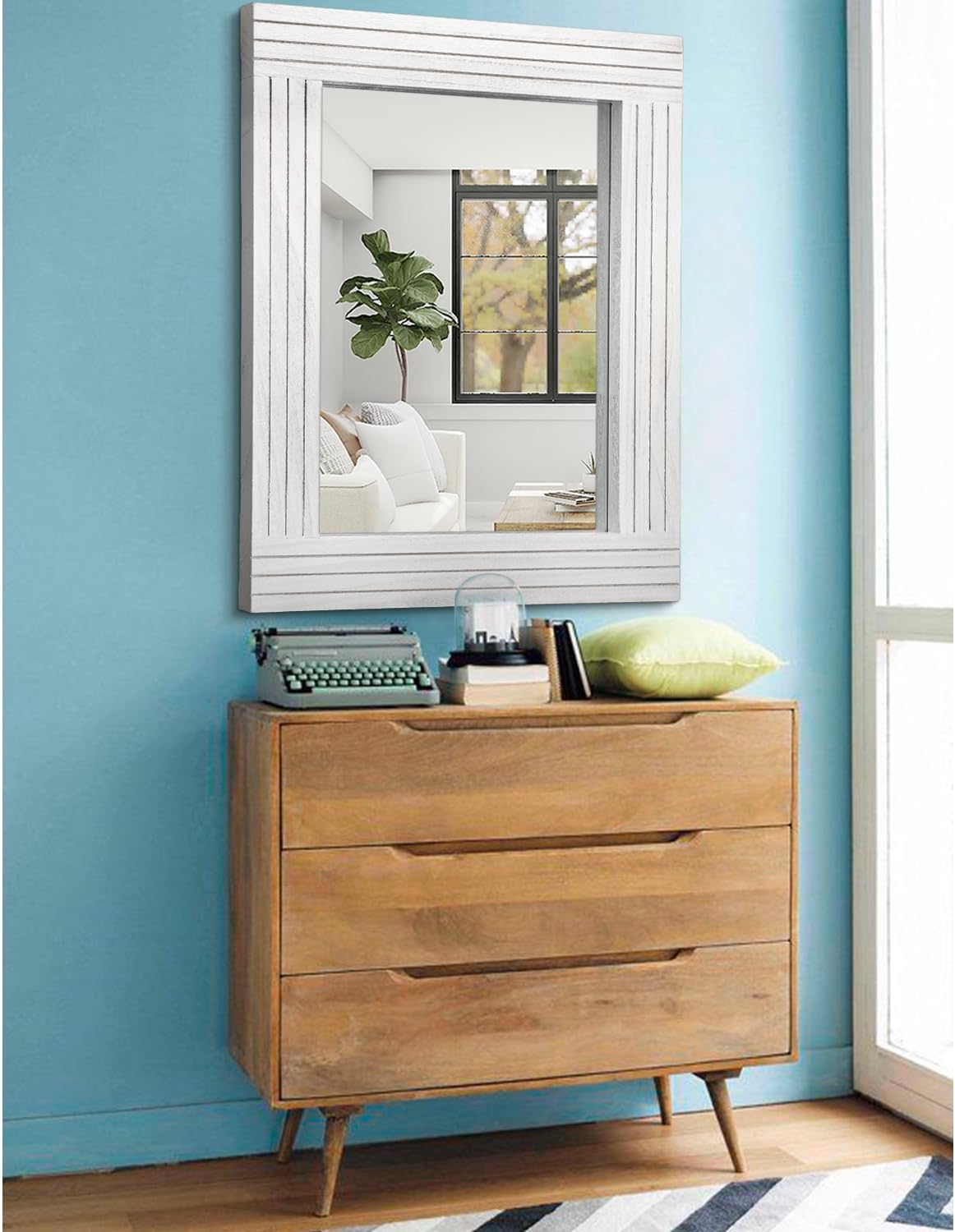 Large Rustic Wall Mirror, Rectangular Vintage Wood Framed Large Mirror Deco Farmhouse Living Room Bathroom Bedroom Entrance Mirror White 26" x 18"