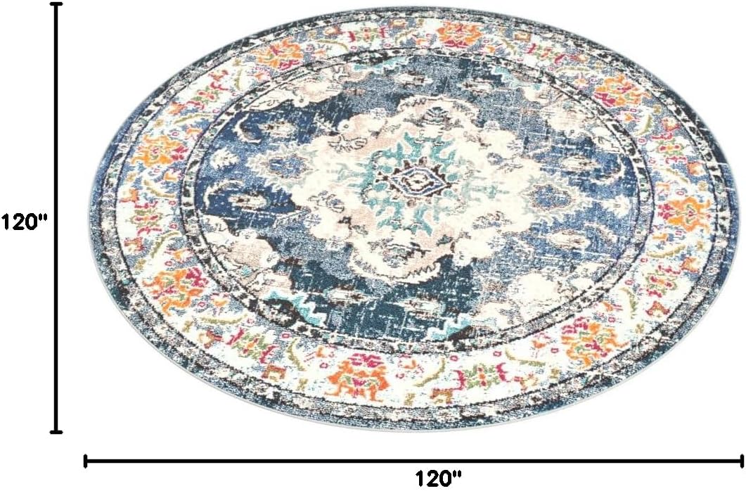 SAFAVIEH Monaco Collection Area Rug - 10' Round, Navy & Light Blue, Boho Chic Medallion Distressed Design, Non-Shedding & Easy Care, Ideal for High Traffic Areas in Living Room, Bedroom (MNC243N)
