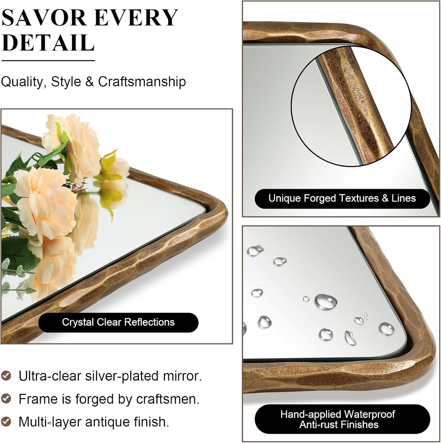 ANDY STAR Hand-Forged Gold Bathroom Mirrors for Wall, 30x40 Inch Vintage Solid Steel Metal Frame Bathroom Vanity Mirror, Antique Rounded Rectangle Wall Mirror, Hangs Horizontally or Vertically