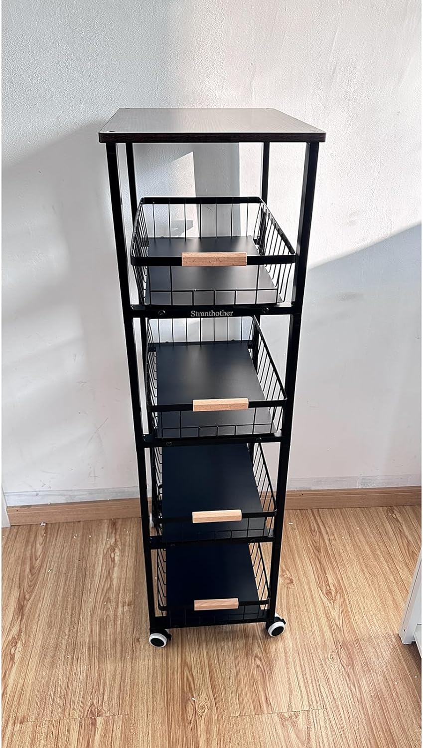 Kitchen Storage Cart Slim Rolling Cart On Wheels,5-Tier Skinny Kitchen Island Utility Organizer Storage Cart with Pull-Out Baskets and Wood Top,Mesh Fruit Basket Cart with Handle