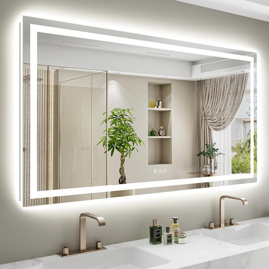 60x38 Inch LED Bathroom Mirror with Lights Front and Backlit Lighted Vanity Mirror for Bathroom Wall with 3 Colors Dimmable Anti-Fog Memory Shatter-Proof IP54 Waterproof Horizontal/Vertical