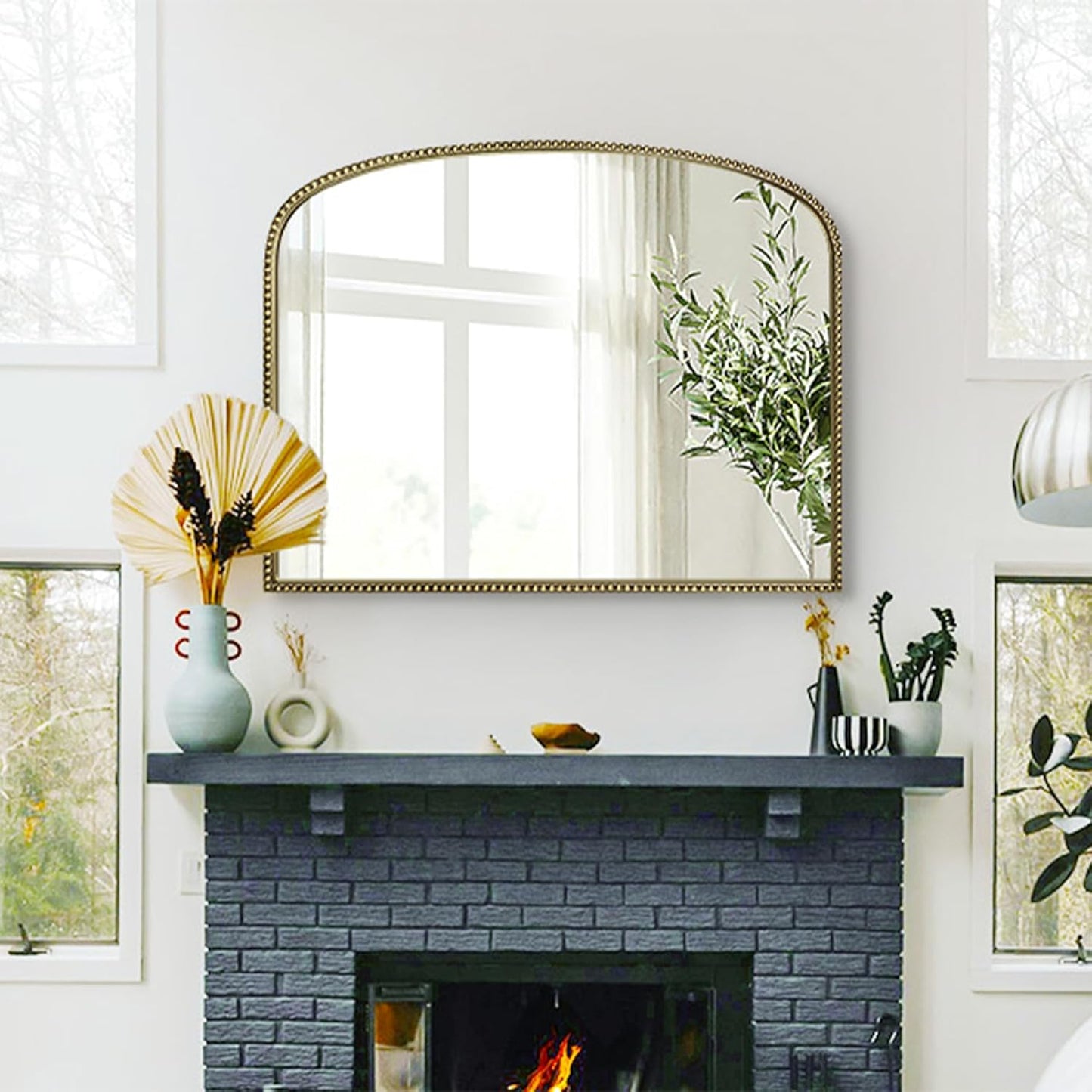 36"X28" Arched Mirror,Metal Beaded Frame Mirror for Wall,Ornate High-Definition Mirrors,Fit for Fireplace, Living Room,Hallway,Bathroom,Antique Gold