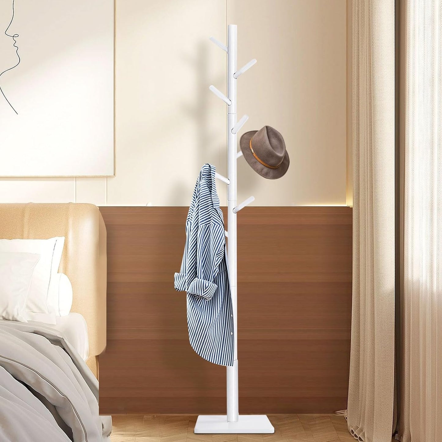 Yawinhe Coat Rack, Sturdy Woode Stand Tree with 8 Hooks, 3 Adjustable Height for Bedroom, Hallway, Entrance, Office, 11.8 x 70.8 inches, White, 1-Pack, Square Base