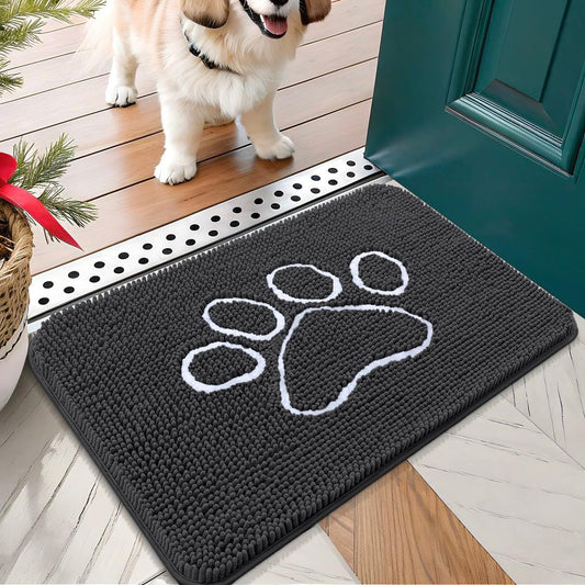 OLANLY Door Mat for Muddy Dog Paws 24x16, Ultra Absorbent Chenille Mud Doormat with Paw Print Design, Non-Slip Washable Doormat for Indoor Entryway, Quick-Dry Pet Bed Mats for Dirty Dogs, Dark Grey