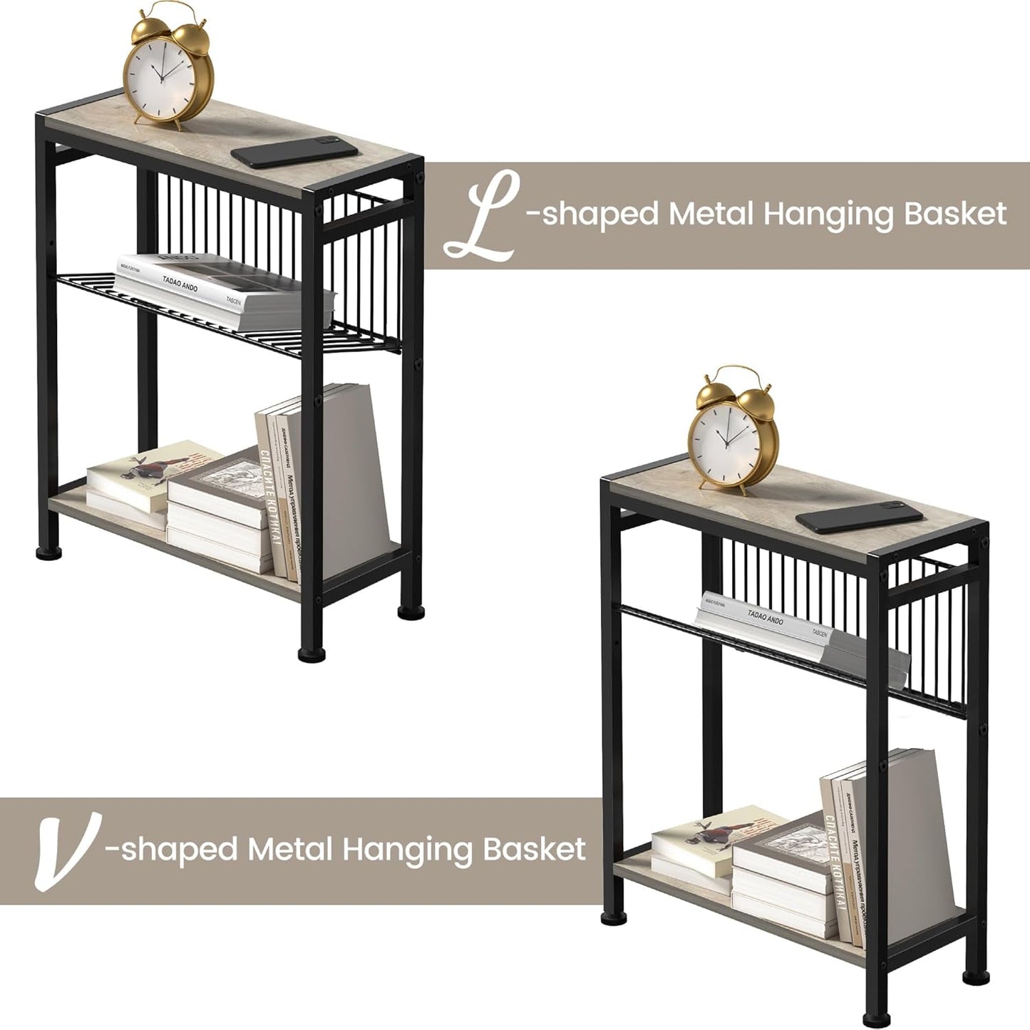 Small Side Table for Small Space, 3-Tier Narrow End Table with Magazine Holder, Slim Nightstand, Skinny Snack Couch Table in Living Room, Bedroom, Study, Kitchen and Balcony (Greige)