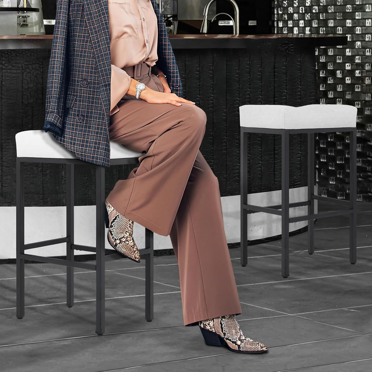 Athena Collection Counter Height Bar Stools Set of 2, 31.5 Inches Saddle Bar Stools with Leather Upholstered and Metal Legs, Backless Barstools for Counter, Kitchen Island, Dining Room, White