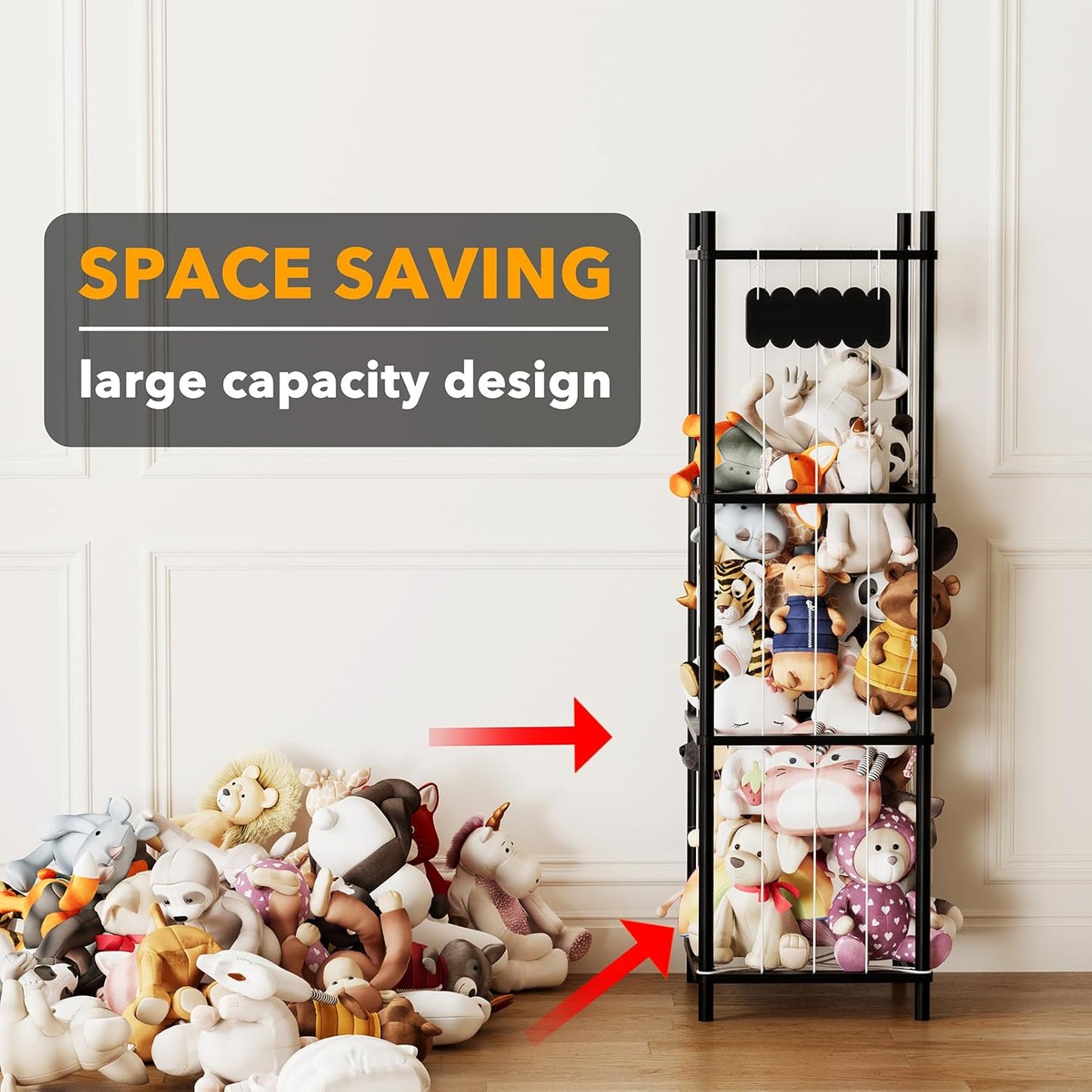 SpaceAid Stuffed Animal Storage Organizer, Wood Animals Zoo Toy Plushies Storage Holder, Large Capacity Plush Toy Cage for Playroom Organization, 15.8" Wide, Black