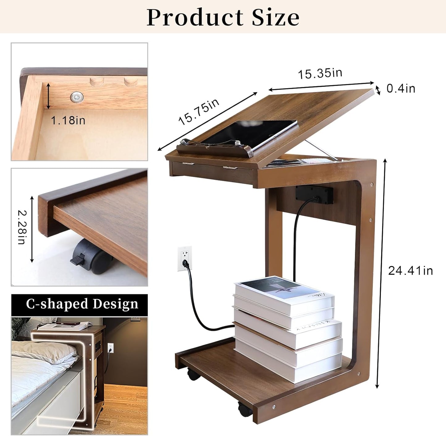 C Shaped End Table with Charging Station, Small Side Table for Couch, C Table with Wheels and Adjustable Desktop, Wooden Couch Table for Living Room, Bedroom (Brown)