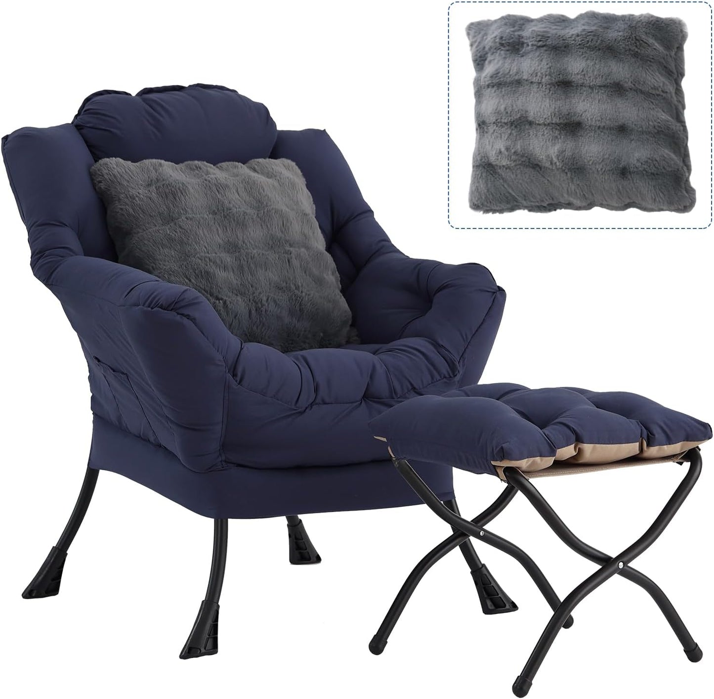 Large Lazy Chair with Ottoman, Accent Reading Chairs with a Throw Pillow, Cozy Lounge Chair with Armrest, Leisure Sofa Chairs for Living Room, Bedroom, Dorm, Navy Blue