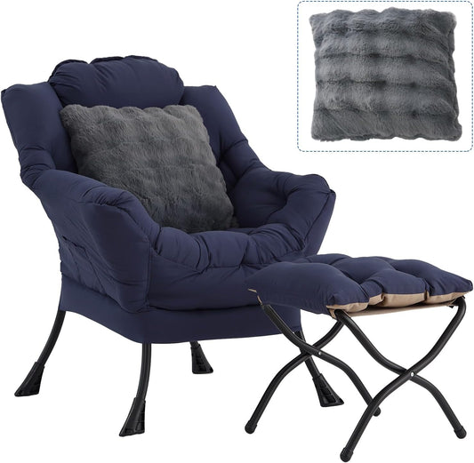 Large Lazy Chair with Ottoman, Accent Reading Chairs with a Throw Pillow, Cozy Lounge Chair with Armrest, Leisure Sofa Chairs for Living Room, Bedroom, Dorm, Navy Blue