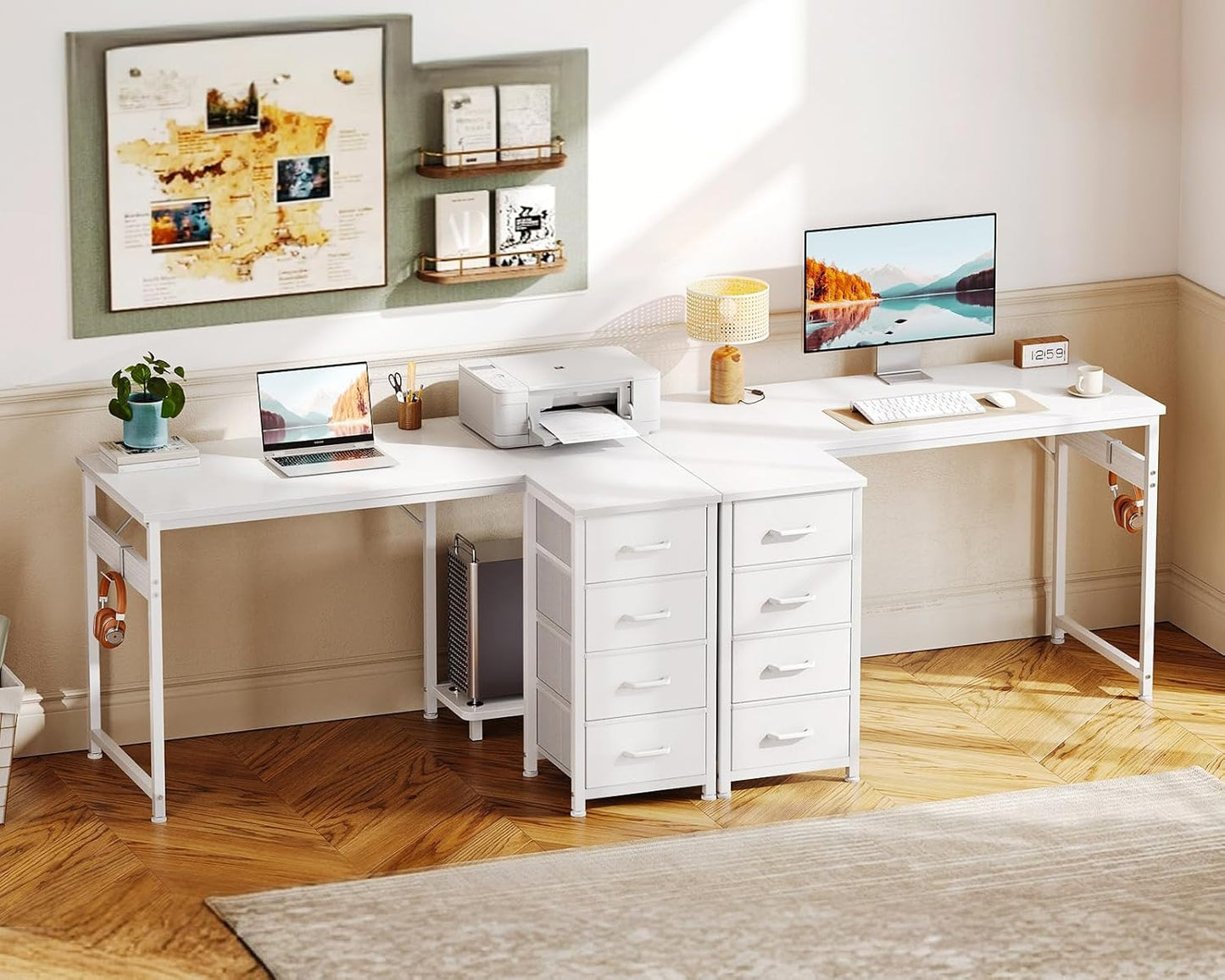 Casaottima L Shaped Desk with 4 Drawers, 40" Small White Computer Desk with Storage, Reversible Kids Study Desk with CPU Stand & Hook, Corner Desk for Home Office