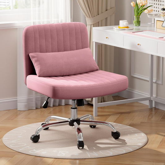 Warmiehomy Criss Cross Office Chair with Wheels, Velvet Cross-Legged Desk Chairs for Home, Height Adjustable Swivel Wide Seat Computer Chair, Modern Armless Vanity Chair for Girls Women, Rose Pink