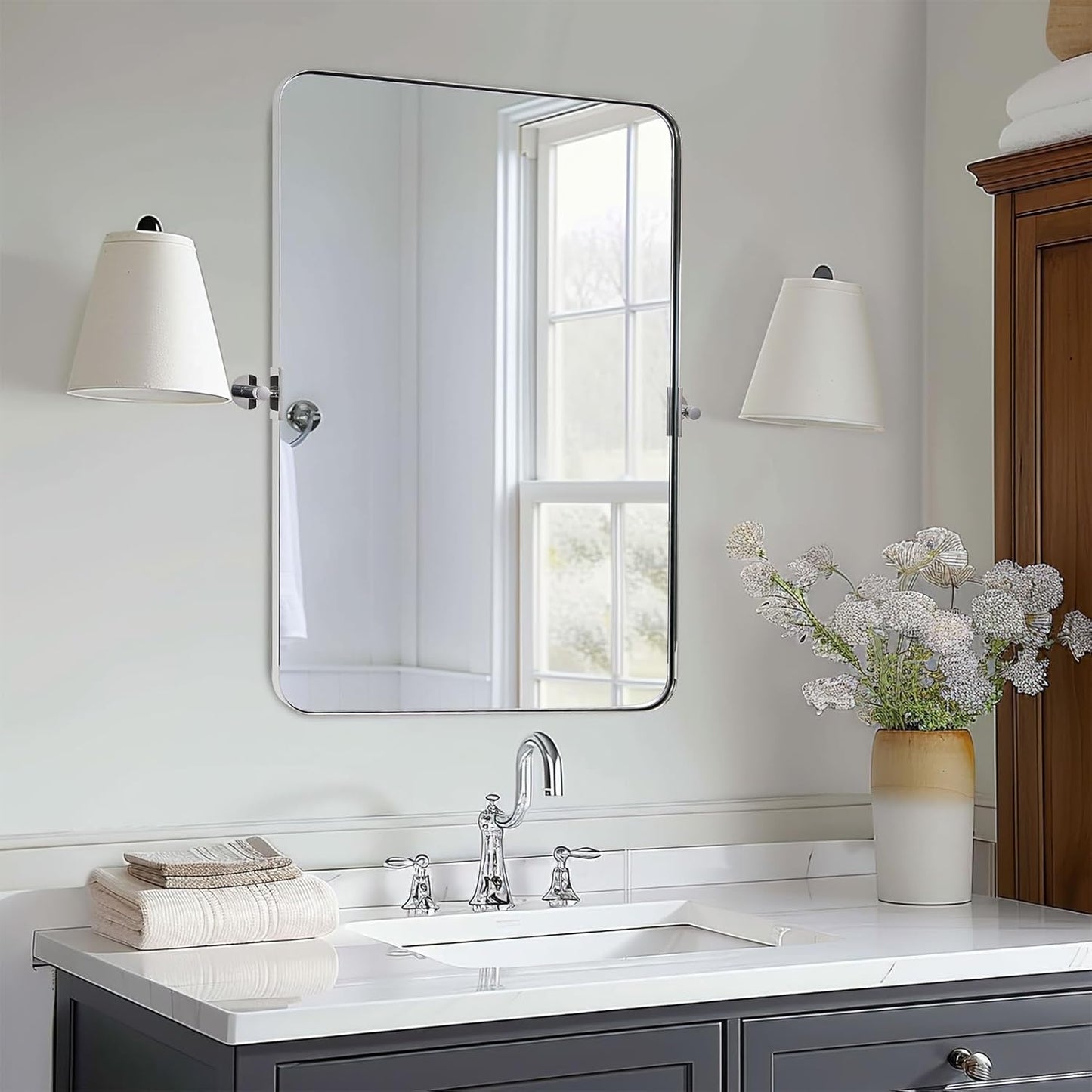 MOON MIRROR Polished Chrome Pivot Mirror for Bathroom, Tilt Bathroom Vanity Rounded Rectangle, Overall 28.33 x 36 in (Mirror 24x 36 in)