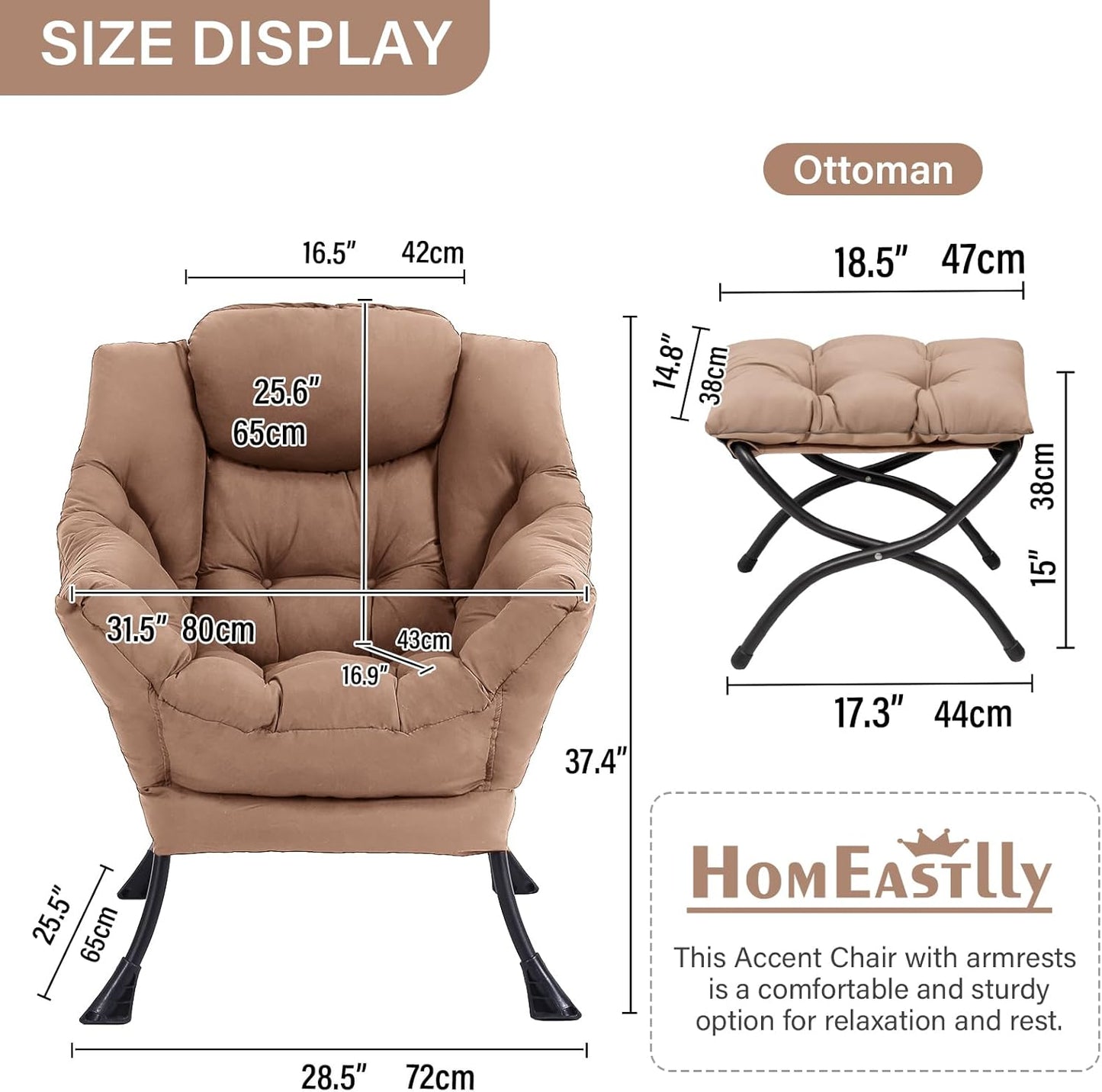 Large Lazy Chair with Ottoman, Accent Reading Chair with a Footrest, Cozy Lounge Armchair, Leisure Sofa Armchair for Living Room, Bedroom, Dorm Room, Office
