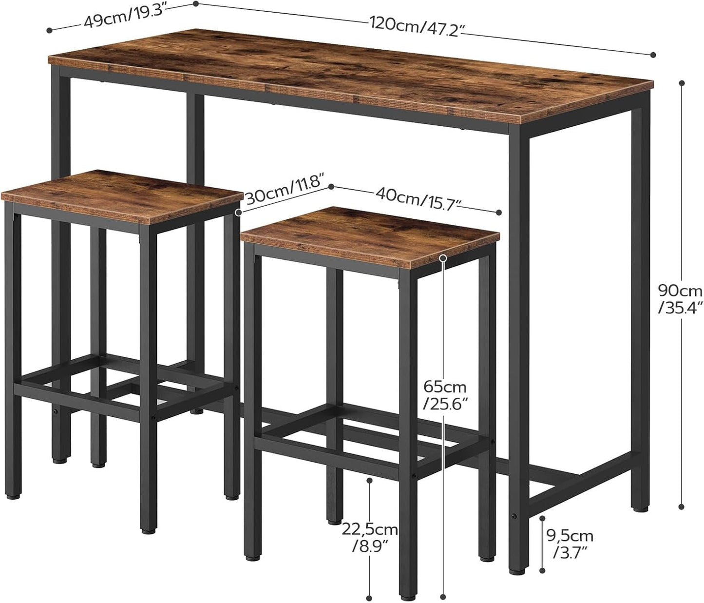 HOOBRO Bar Table and Chairs Set, 47.2” Rectangular Pub Table with 2 Stools for Small Space, High Top Table, 3-Piece Breakfast stools Set, Sturdy Metal Frame, Easy to Assemble, Rustic Brown BF52BT01