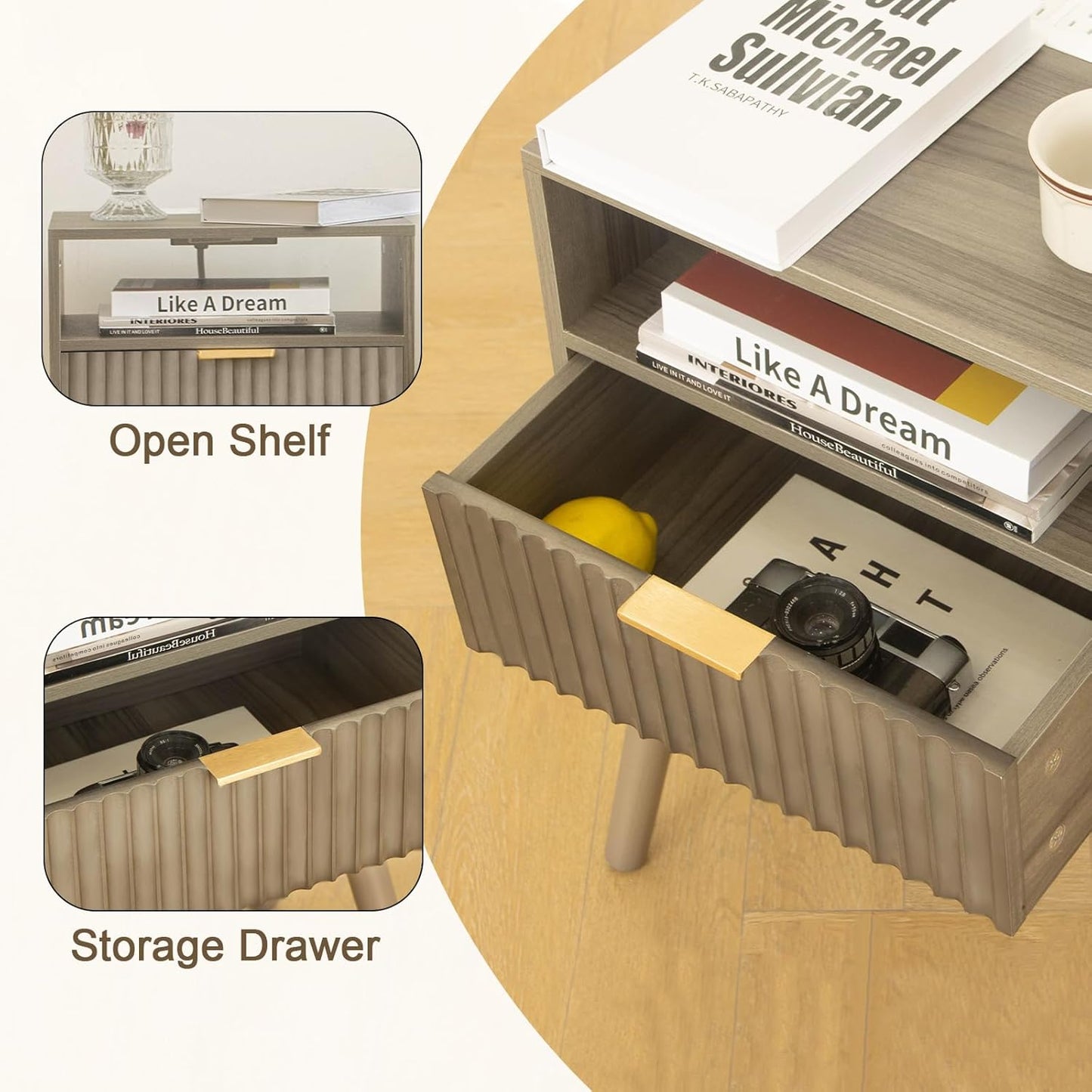 Night Stand with Charging Station, Modern Bedside Table with Drawer and Solid Wood Legs, Fluted Side End Table for Bedroom, Dorm and Small Space (Grey)