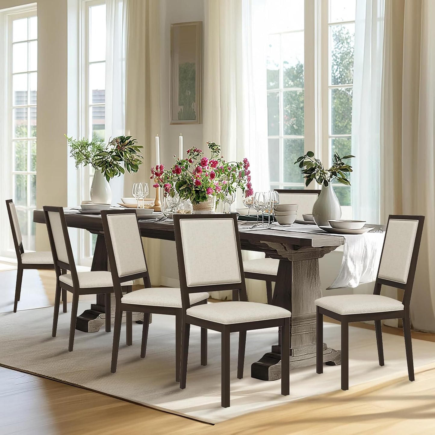 COLAMY Upholstered Kitchen Dining Chairs Set of 6, Wood Dining Chairs with Back, 19 Inch Fabric Farmhouse Dining Room Side Chairs with Wooden Legs for Kitchen Dining Living Room Courtyard, Brown